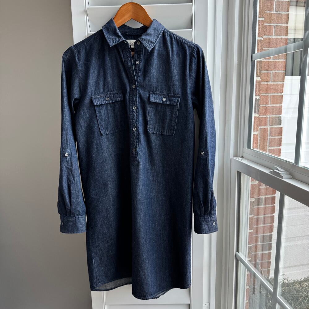 LOFT Denim Shirt Dress Blue Chambray Long Sleeve Roll Tab Sleeves Womens Small - Picture 3 of 12